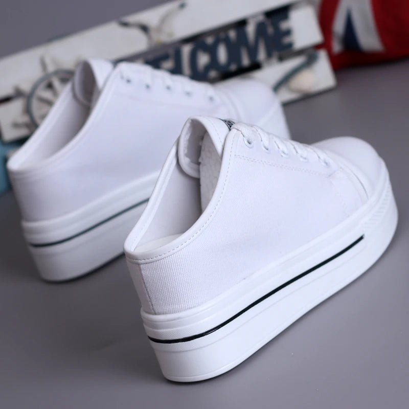 Elegant Black White Canvas Platform Wedge Slippers Women Mules Shoes Leisure Stealth Increase Slippers Woman Closed Toe Sandals