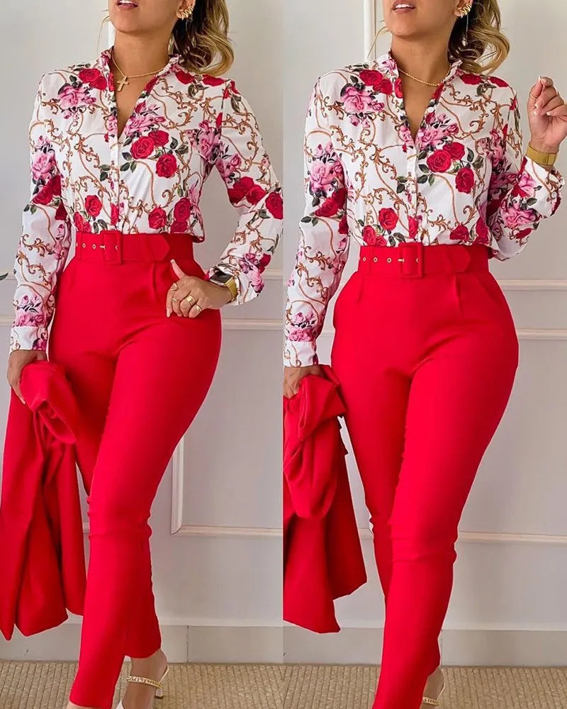 Casual Long Sleeve Shirt Pants Set Office Lady Fashion Elegant V Neck Floral Print Trousers Two Piece Set Women Outfit 2024