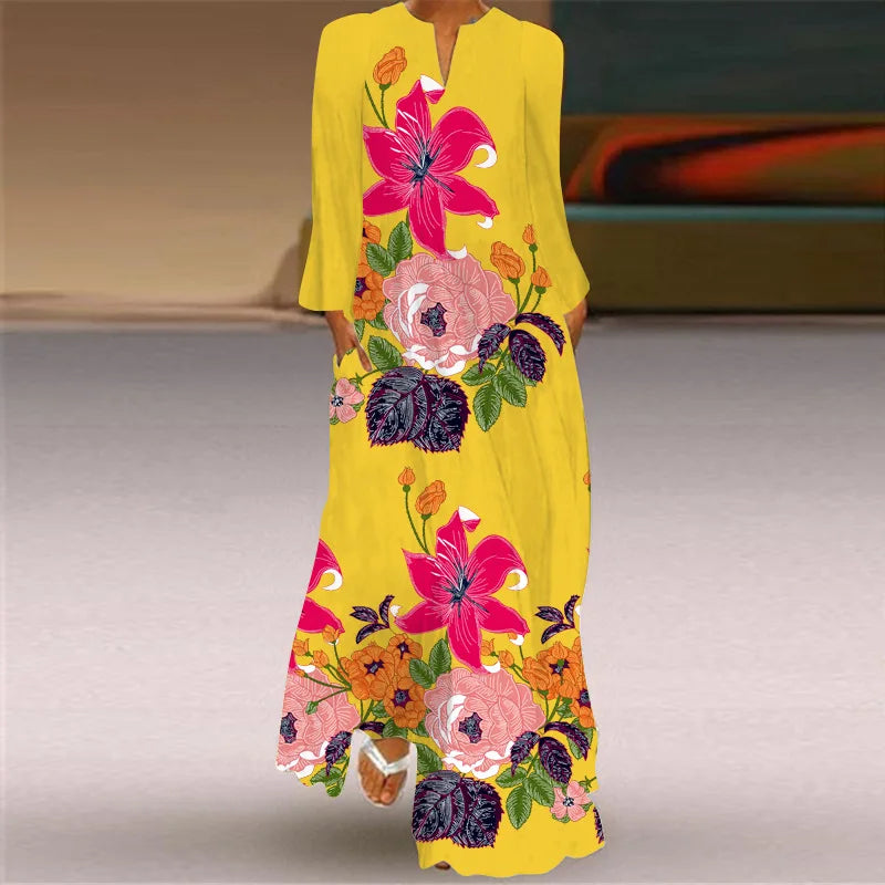 Women Casual Loose Spring Autumn Printed Long Sleeved V-neck Dresses Yellow Vintage Clothes Fashion Maxi Ropa De Mujer Vestidos