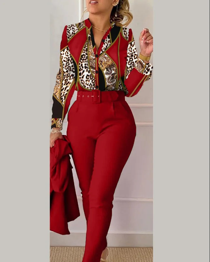 Casual Long Sleeve Shirt Pants Set Office Lady Fashion Elegant V Neck Floral Print Trousers Two Piece Set Women Outfit 2024