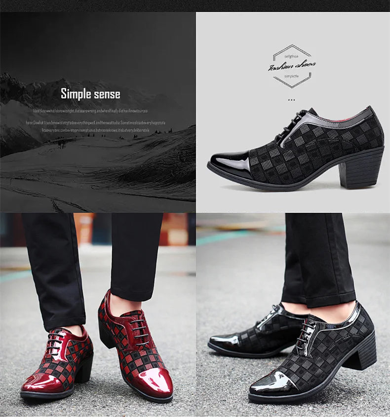 New Fashion Red Plaid Men's Dress Shoes Pointed Leather High Heel Shoes Men Height Increasing Wedding Shoes Men Zapatos Hombre