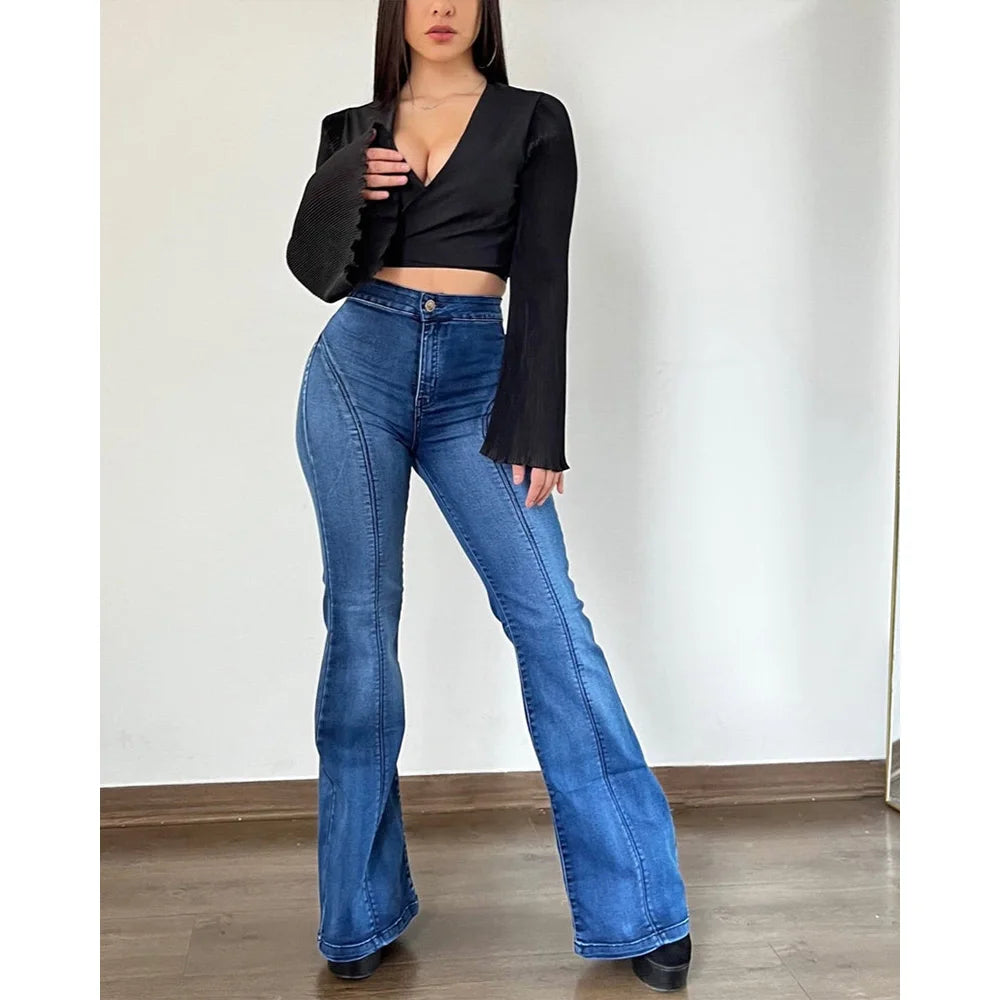 Female High Waist Elastic Micro Flared jeans Vintage Streetwear Slim Fit Butt Lifting Lady thin Baggy Denim Pants Casual Trouser