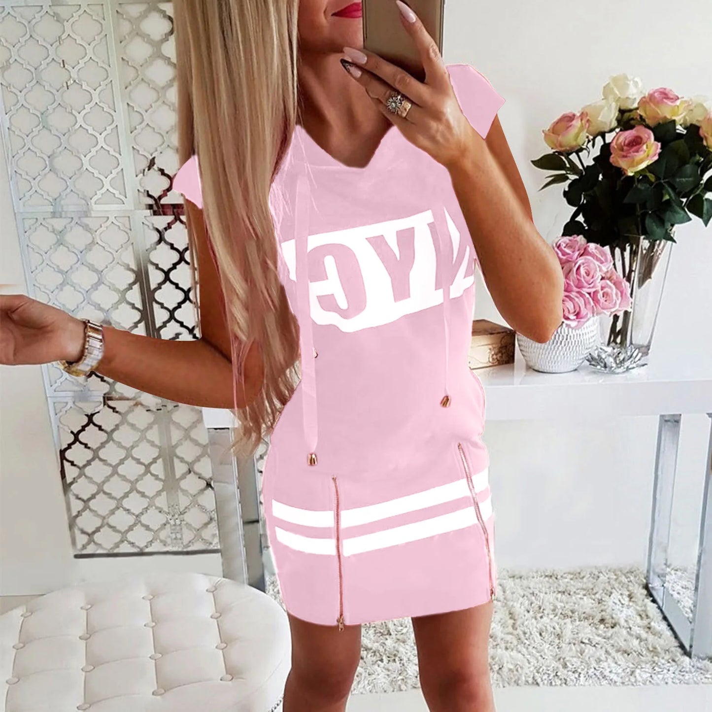 2022 Hooded Women Summer Dress Short Sleeve Letter Print Zipper Bandage Hoodies Lady Casual Sport Bodycon Vestidos Mini Dresses