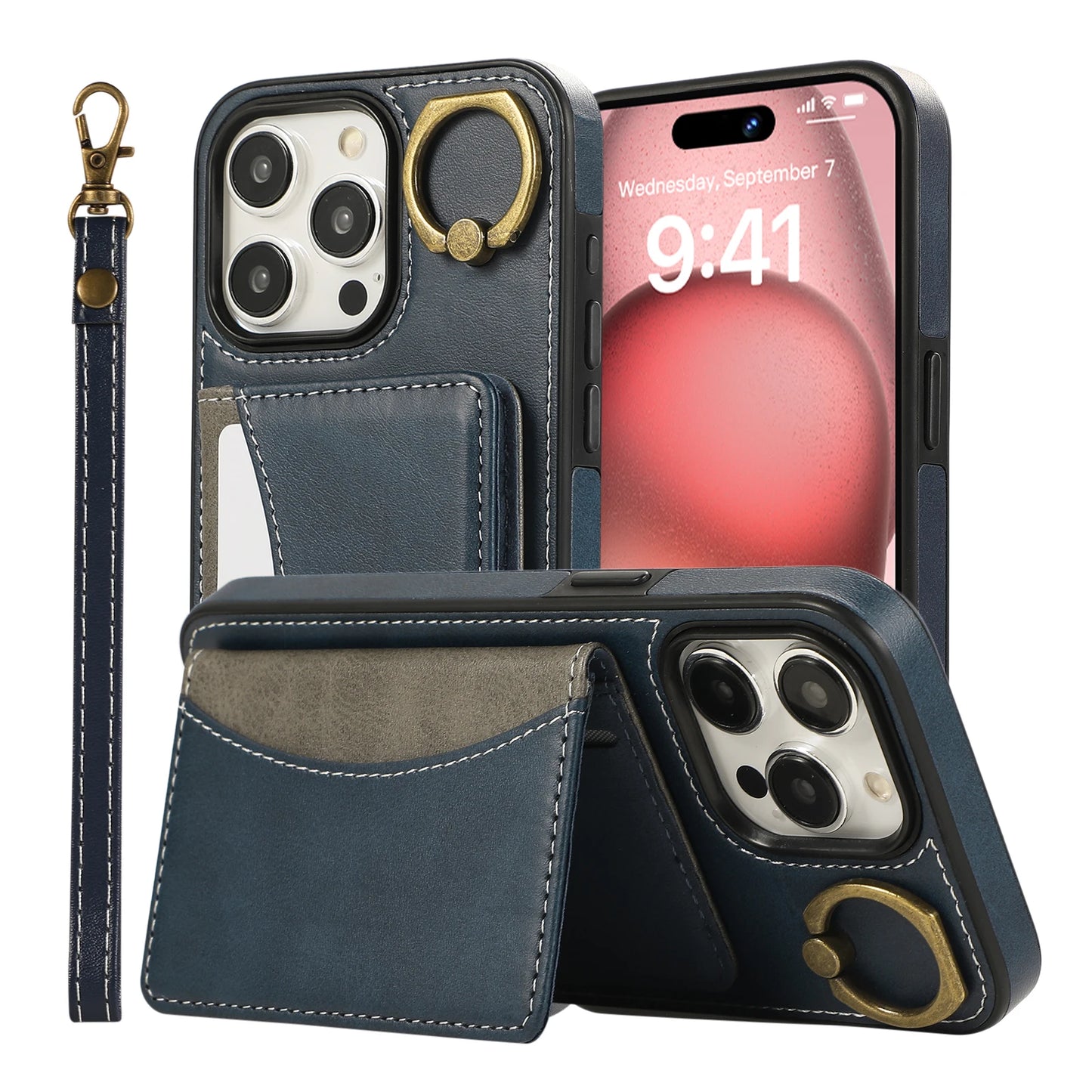 Cards Bag Ring Holder Leather Wallet Case For iPhone 15 Pro Max 14 Plus 13 12 11 XS XR 7 8 SE 2022 Stand Strap Solt Purse Cover