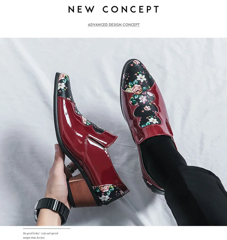 Classic Fashion Printed Men's High Heel Shoe Big Size 46 Pointed Leather Shoes Men Slip-on Wedding Shoes for Men zapatos hombre