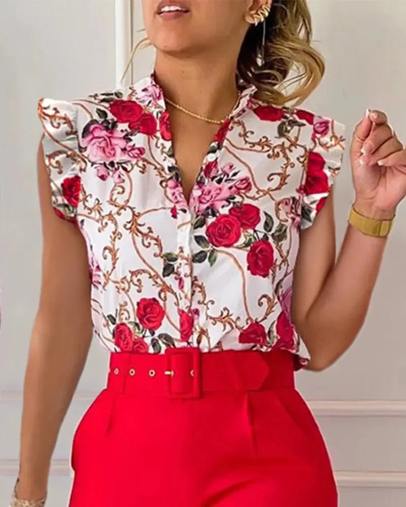 Women Slim Two-Piece Sets Summer Elegant Fashion Print V Neck Button Flying Sleeve Shirt Top & Solid Long Pants Suits With Belt