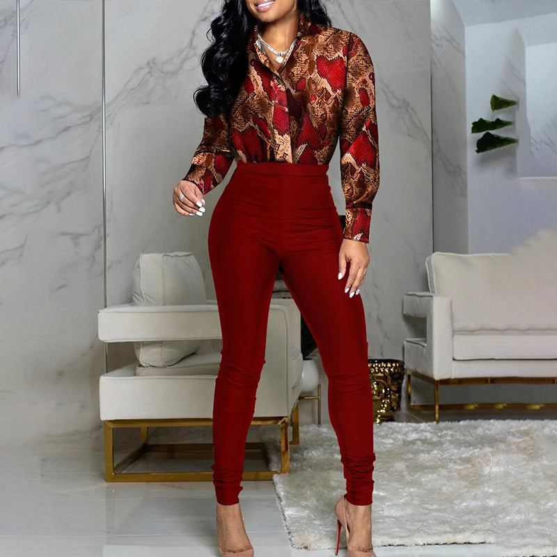 Women Two Piece Long Sleeve Outfit Suit Sets Print Button Down Shirt Pants Set Casual Work Wear