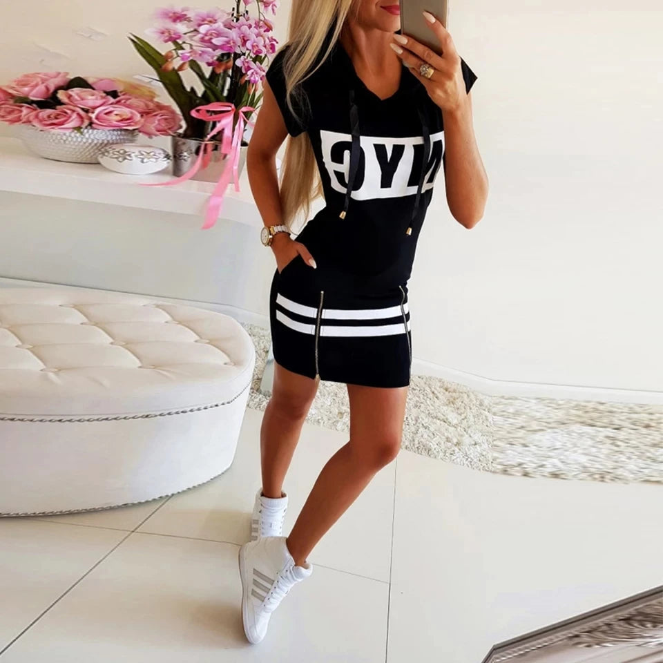 2022 Hooded Women Summer Dress Short Sleeve Letter Print Zipper Bandage Hoodies Lady Casual Sport Bodycon Vestidos Mini Dresses