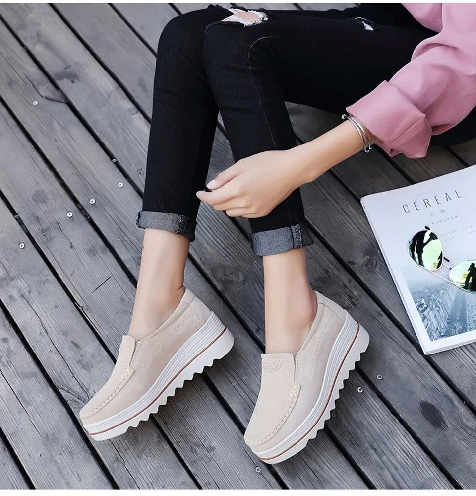 luxury 2024 Spring Autumn Women Suede Genuine Leather Wedge Shoes Lady Female Loafers Sweet Tassel Slip-ons Platform Moccasins