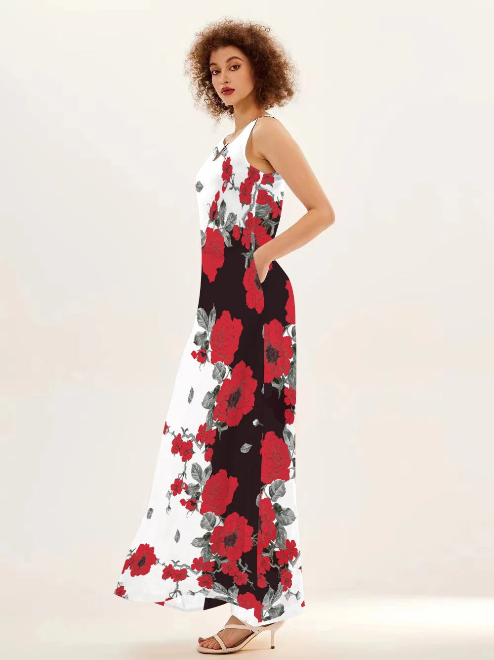 Flower Print New Casual Sleeveless Long Dress Women's V-Neck Printed Dress Swing Bohemian Retro Dresses