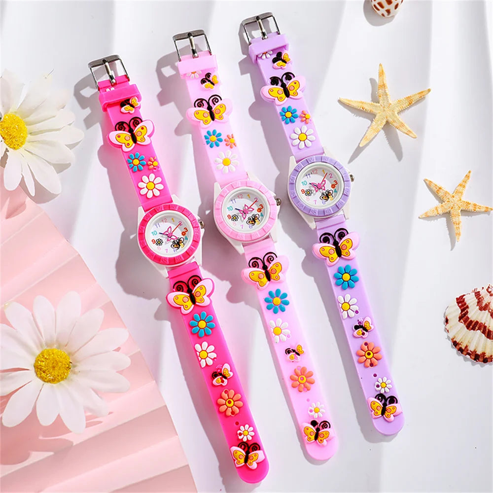 Cartoon Watch Fashion Small Butterfly Girl Quartz Watches Leisure Silicone Rose Red Children's Gift Clock Wristwatch