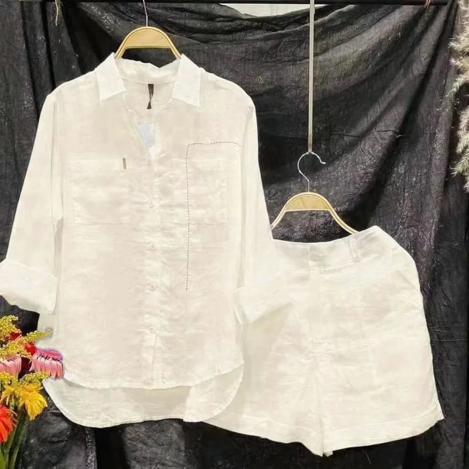 Fashion White Long Sleeve Shirt And Shorts Two Piece Sets Women 2024 Summer Cotton Linen Casual Home 2 Piece Set For Women Suits