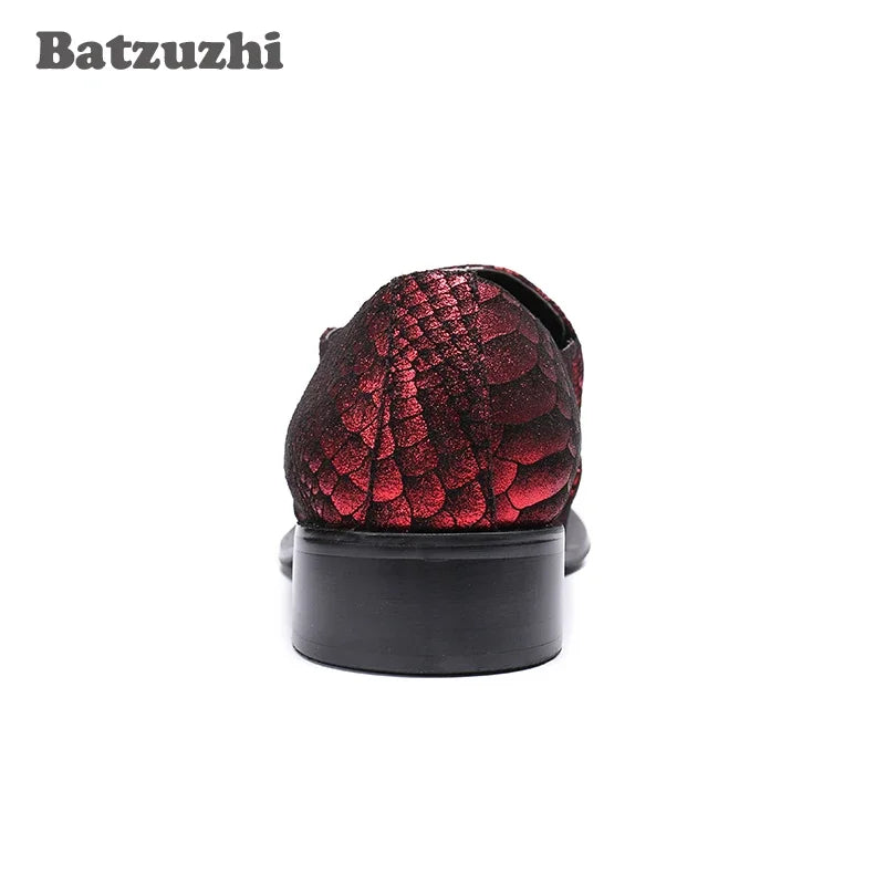 Batzuzhi Italy Brand New Men Leather Shoes Pointed Metal Toe Snakeskin Leather Red Men Wedding Dress Shoes Business and Party!