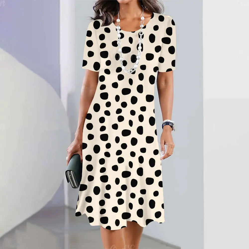 Polka Dot Print Women'S Dress 2024 Elegant Women'S Summer Fashion Stitch O Neck Loose Holiday Women'S Sexy Knee-Length Dress