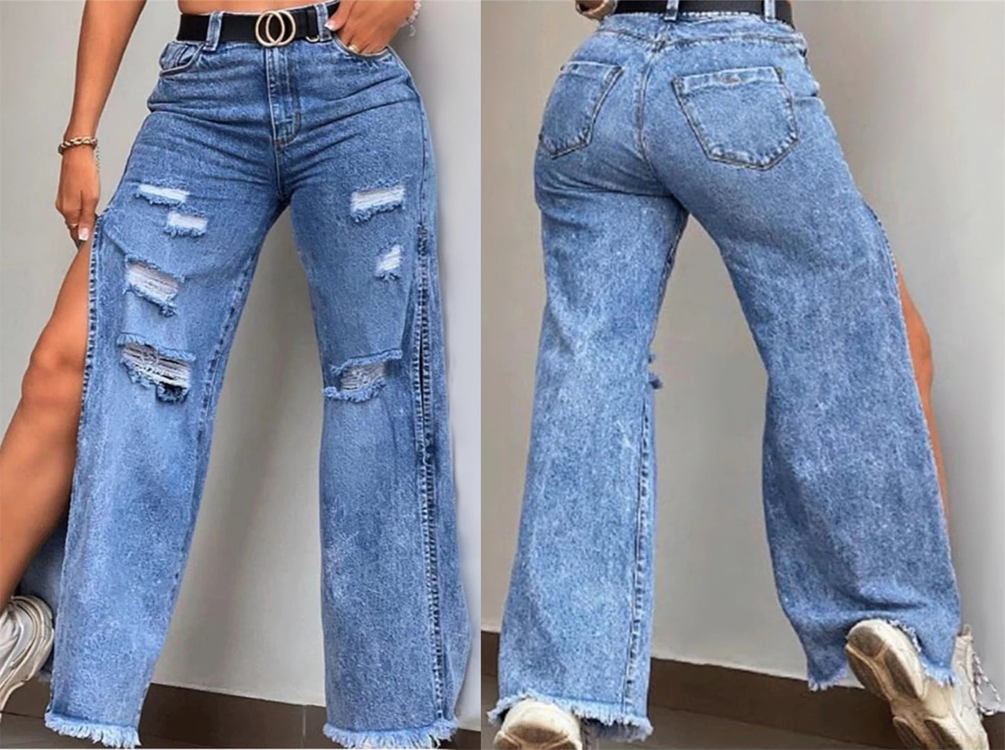 2024 Summer New Jeans Women's European and American Spicy Girl Jeans Loose Hole Sexy Split Wide Leg Pants Shopee Women's Pants