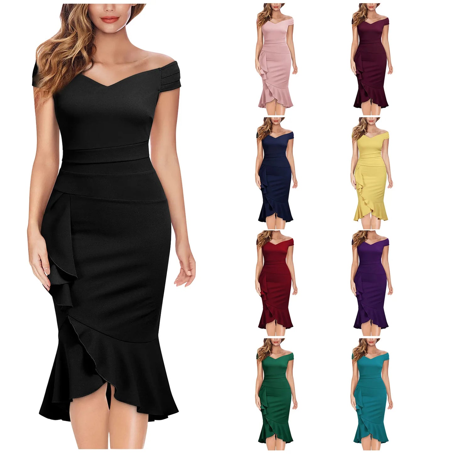 Women's elegant party dresses Off Shoulder V-Neck Ruffle Pleat Waist Slit Dress classic fishtail skirt  traf vestidos para mujer