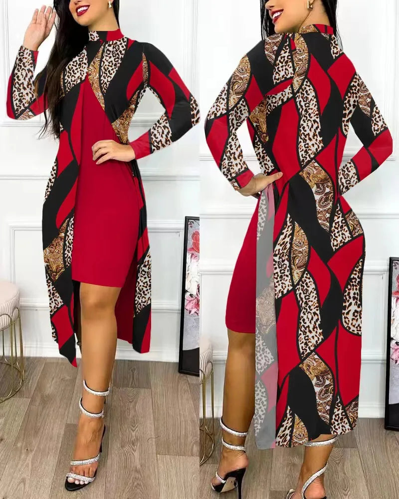 Autumn Winter Women Print 2 Piece Set Dress Fashion Elegant Long Sleeve Female Party Dresses Casual Holiday Robe Femme New