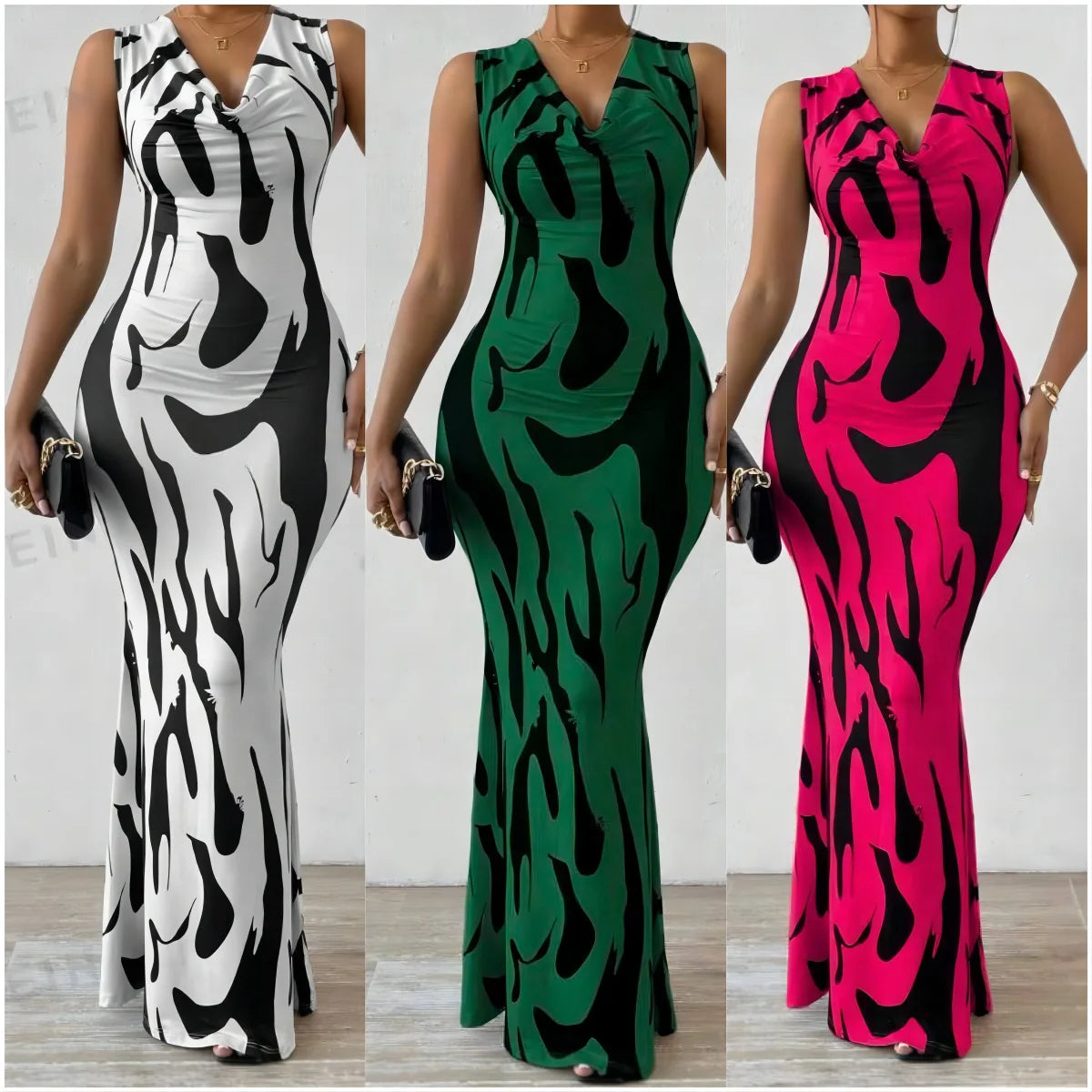 Sexy Bodycon Package hip Party Women's Long Dresses Summer Print Sleeveless Pile Collar Slim Skinny Party Maxi Dress For Women