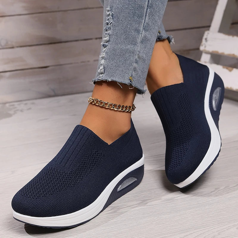 Women's Mesh Breathable Casual Sneakers Knitting Slip On Platform Sports Shoes for Women Comfortable Air Cushion Walking Shoes