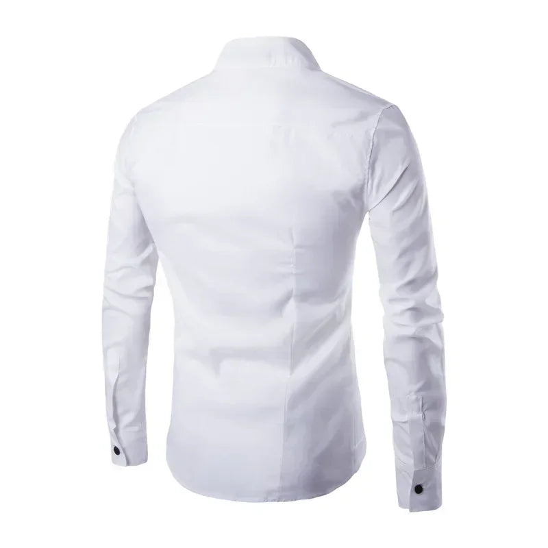 Mens Shirts Stand Collar Dress Chemise Formal Slim Fit Long Sleeve Irregular Hem Blouse Social Camisa Business Office Apparel