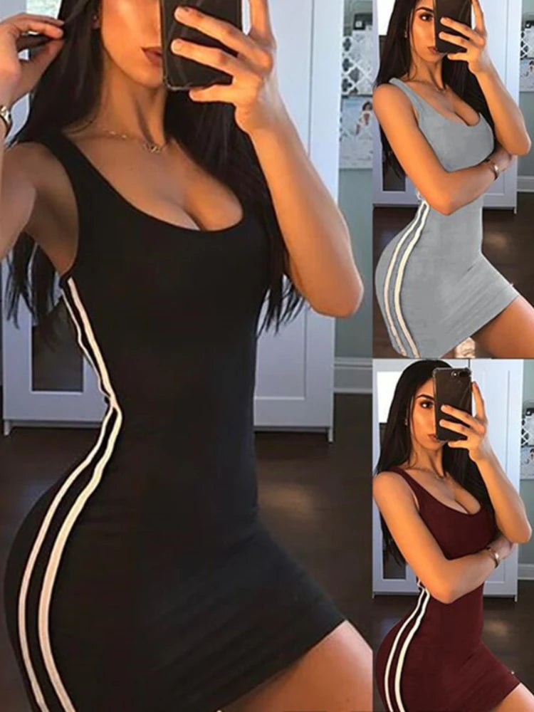 Sexy Wrap Deep U Neck Backless Striped Splicing Bodycon Dress Women Solid Color Sleeveless Slim Mini Dress Club Party Vestidos