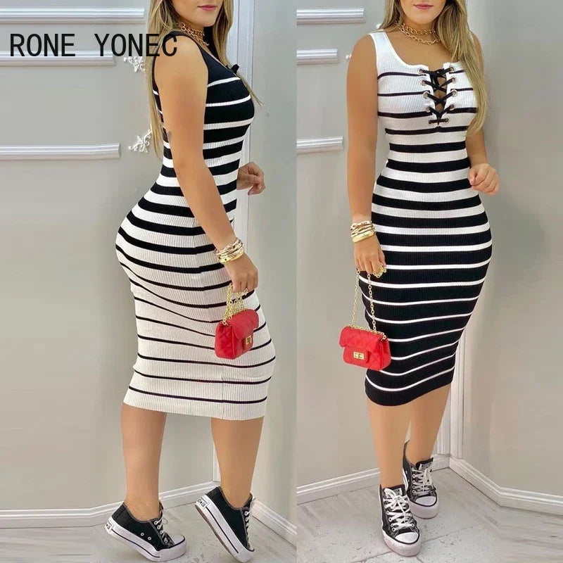 Women Striped Print Colorblock Eyelet Lace Up Bodycon Dress Casual Dress Vacation Dress 2021