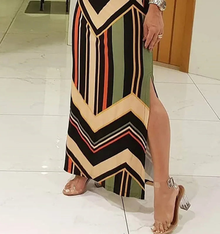 Colorful Striped Print Side Slit Maxi Dress Women Colorblock Sleeveless Slim Long Dresses