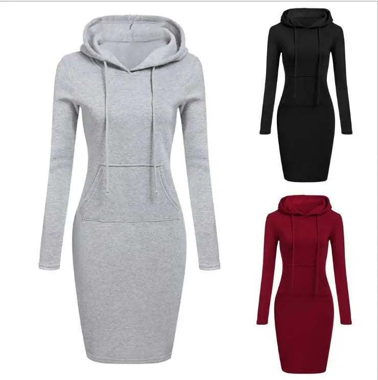 Autumn Winter Warm Sweatshirt Long-Sleeved Dress Woman Clothing Hooded Collar Pocket Simple Casual Lady Sexy Vintage Dresses