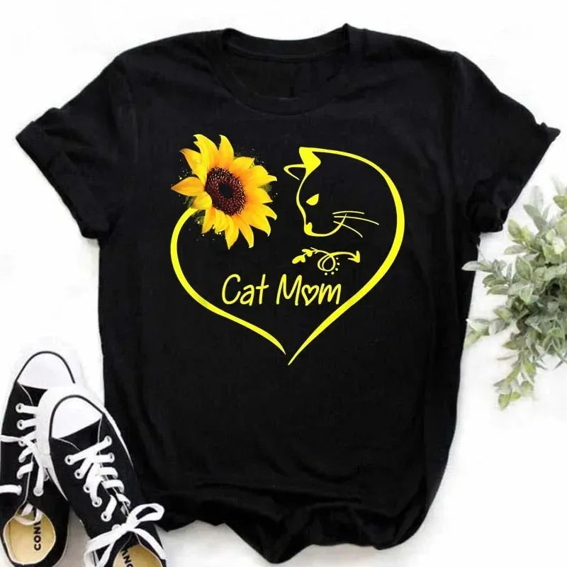 COTTON 100% Casual Cute Sunflower Butterfly Print T-shirt Comfortable Women's Black Top Oversized T Shirt  Graphic Tshirts