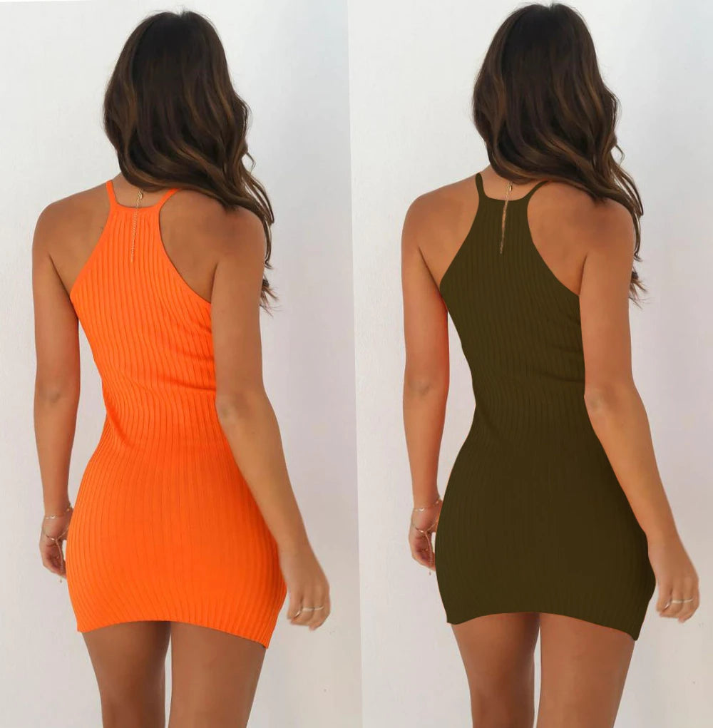 Sexy Rib Stripe Backless Sleeveless Bodycon Dress Women Solid Color Skinny Elegant Halter Dress Club Party Vestidos