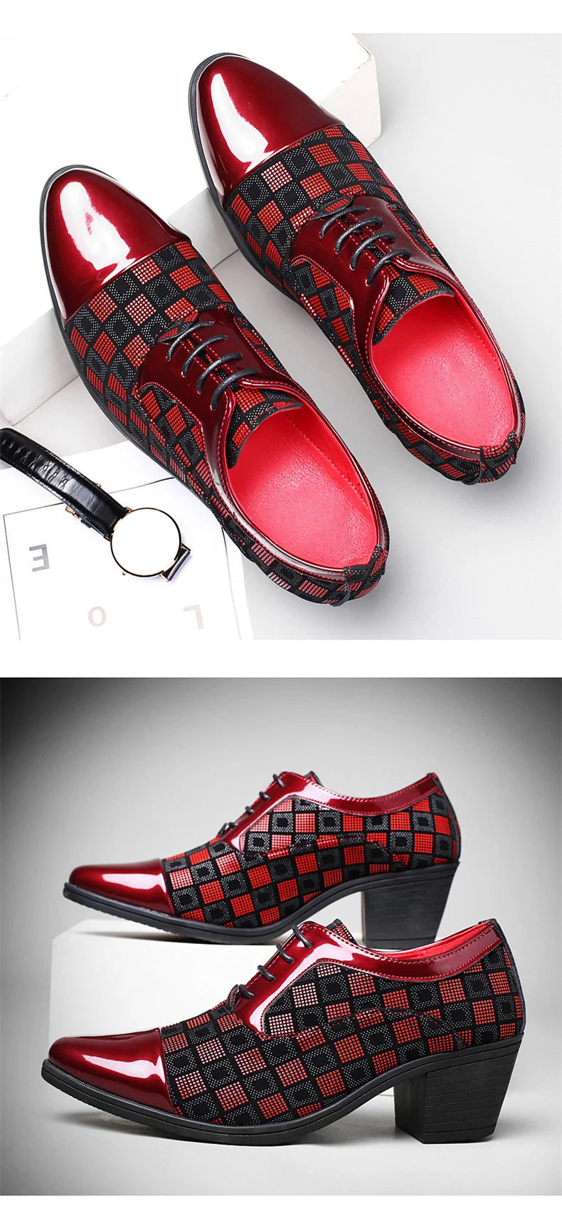 New Fashion Red Plaid Men's Dress Shoes Pointed Leather High Heel Shoes Men Height Increasing Wedding Shoes Men Zapatos Hombre