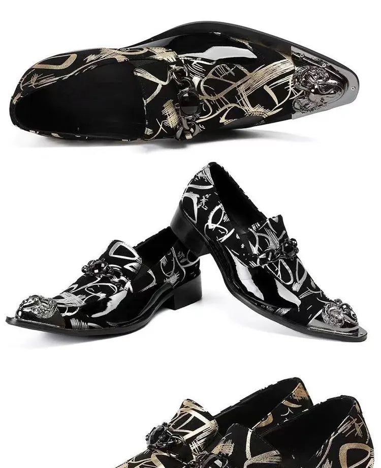 Spring Autumn Pointed end Gold ornaments Shoes and Hats Stamp Cowhide Shoes Rivet Marry Walk Show Nightclub Men's Shoes