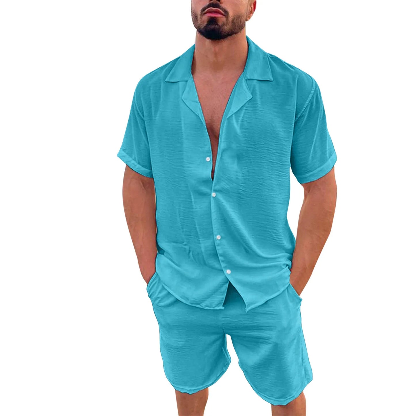 New 2024 Men's Summer Cotton Linen Sets Solid Short Sleeve Lapel Shirts and Shorts Sets Man Hawaiian Beach Holiday Clothing Sets