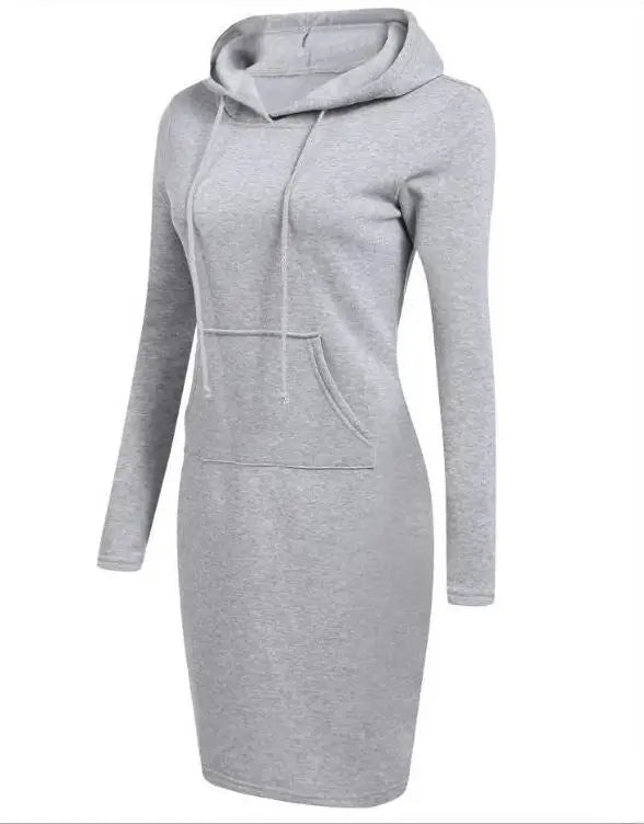 Autumn Winter Warm Sweatshirt Long-Sleeved Dress Woman Clothing Hooded Collar Pocket Simple Casual Lady Sexy Vintage Dresses