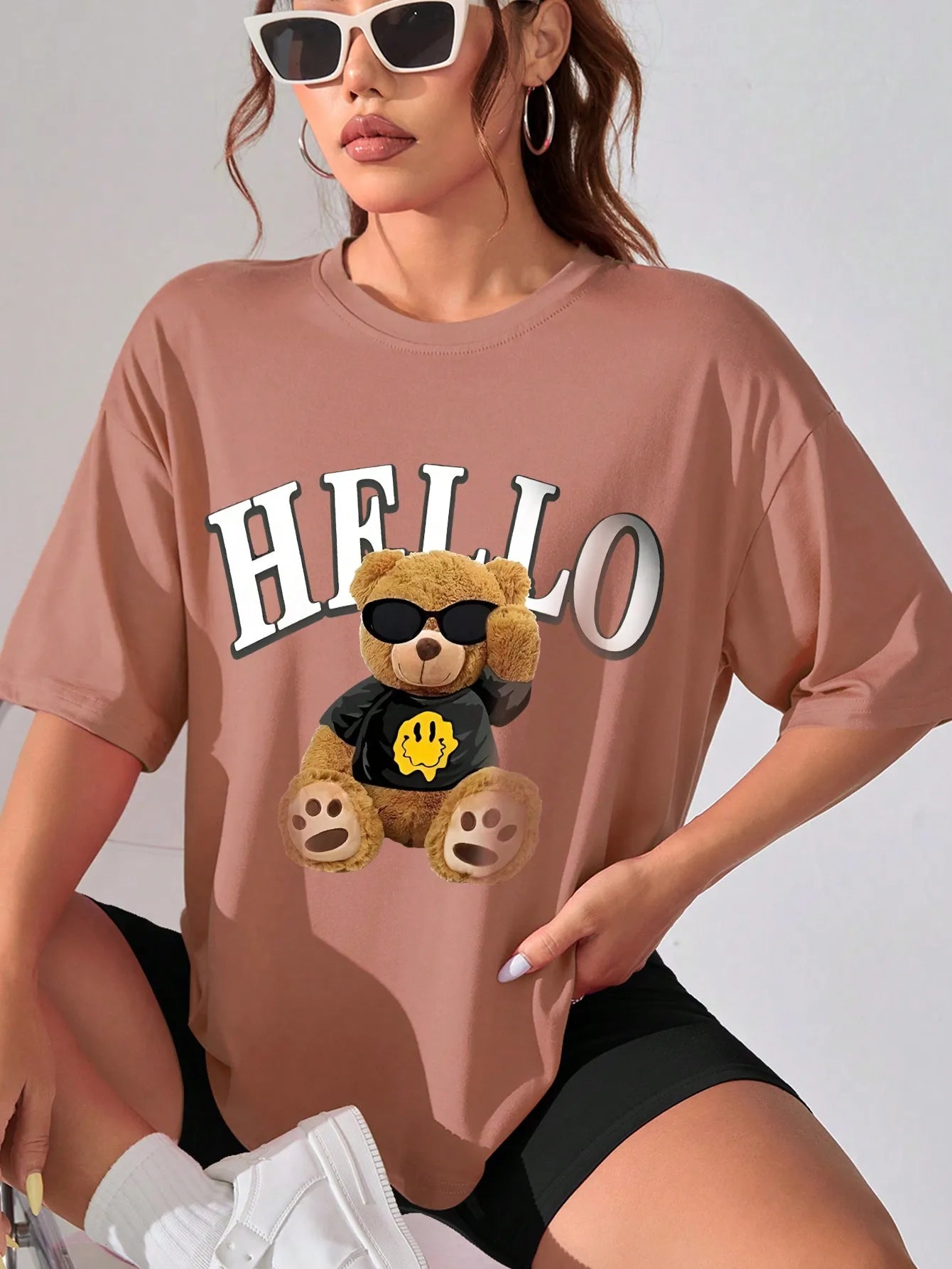 Summer women's fashion versatile casual drop shoulder short-sleeved T-shirt with cute letters and bear print loose top 2024 New