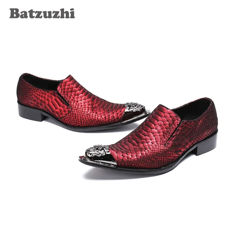 Batzuzhi Italy Brand New Men Leather Shoes Pointed Metal Toe Snakeskin Leather Red Men Wedding Dress Shoes Business and Party!