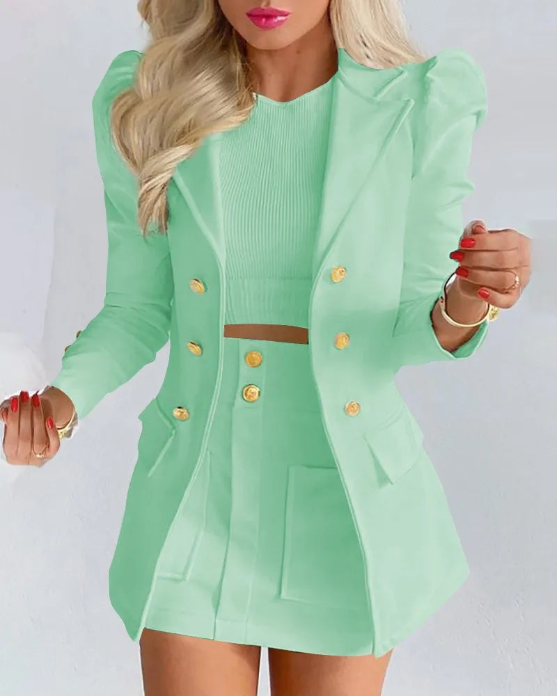 Long Sleeve Suit Jacket Dress Set Spring Fashion Elegant Solid Turn Down Collar Coat Buns Two Piece Sets For Women Outfit 2023