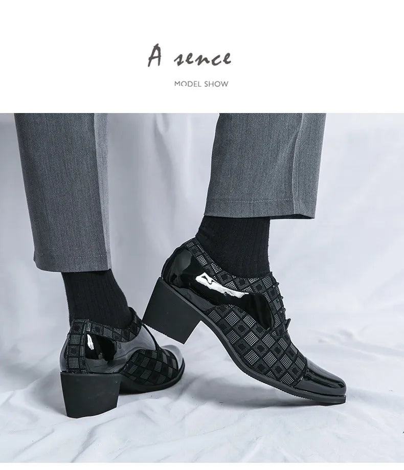 2022 New Fashion Blue Plaid Men's High Heel Shoe Pointed Leather Dress Shoes Men Lace-up Wedding Shoes Men zapatos hombre vestir