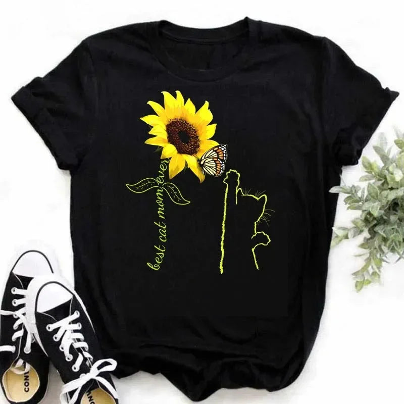 COTTON 100% Casual Cute Sunflower Butterfly Print T-shirt Comfortable Women's Black Top Oversized T Shirt  Graphic Tshirts