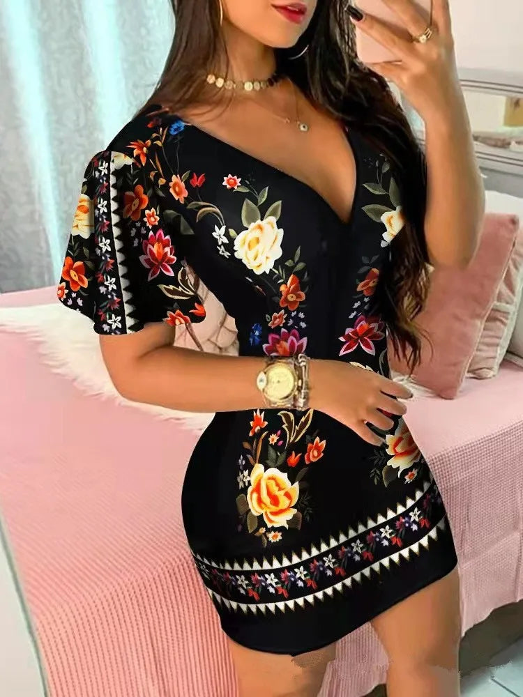 Summer Elegant Floral Print Bodycon Mini Dress Women 2024 Fashion Sexy Deep V-neck Package Hip Dresess Office Lady Party Dress