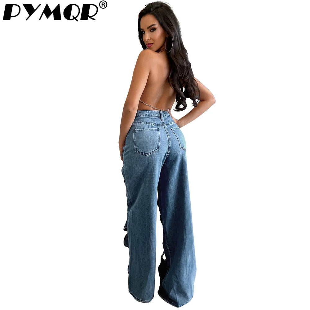 PYMQR New Elastic  Hollow Out Slightly Flared Buttocks Sexy Baggy Jeans High Wiast 2023 Antumn Y2K Streetwear Pants Female Cloth