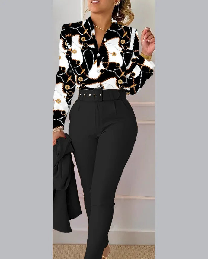 Elegant Long Sleeve Shirt Pants Set Office Lady Spring Autumn V Neck Floral Print Trousers Two Piece Set Women Outfit 2023