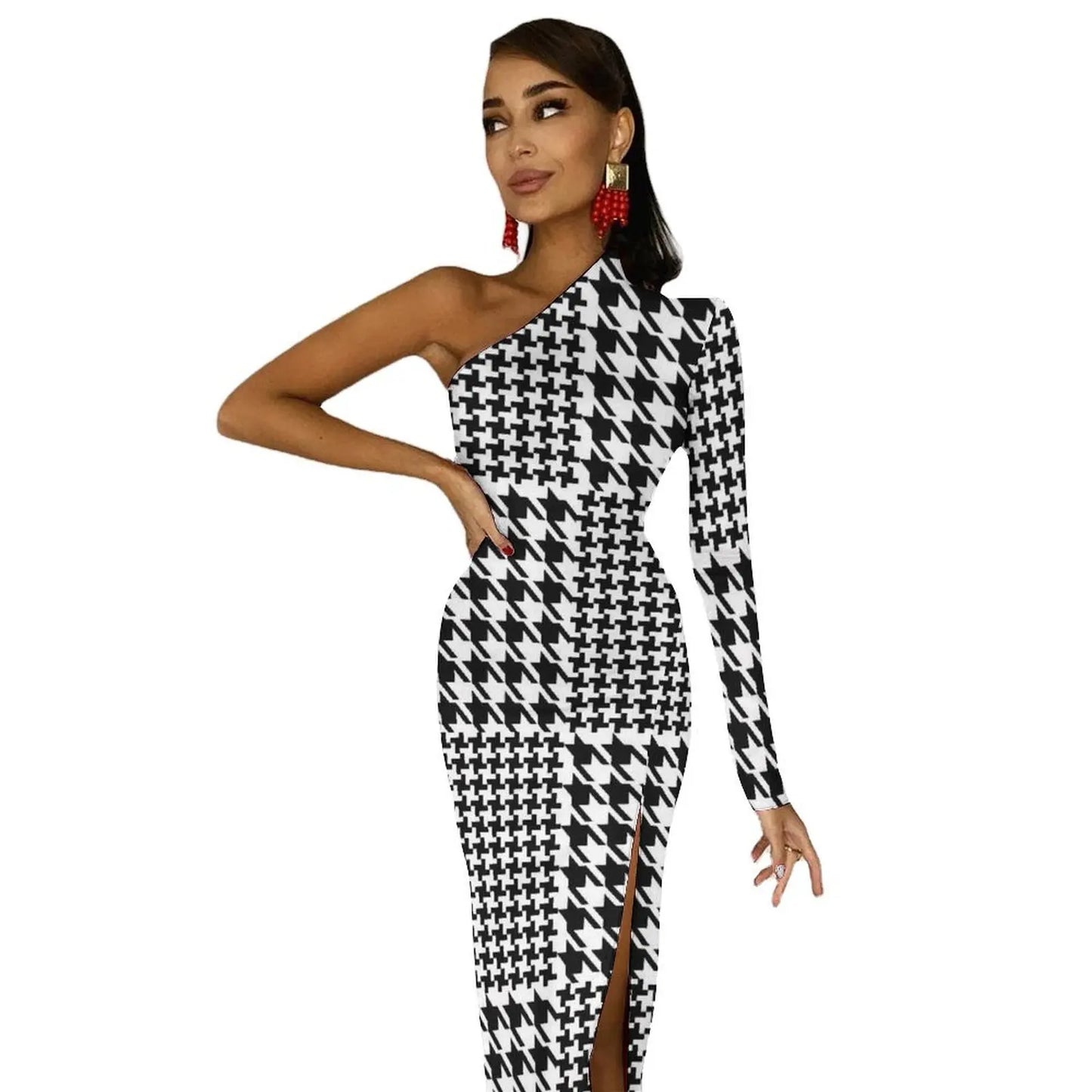 Vintage Houndstooth Bodycon Dress Woman Patchwork Print Club Maxi Dress One Shoulder Street Wear Graphic Dresses Birthday Gift