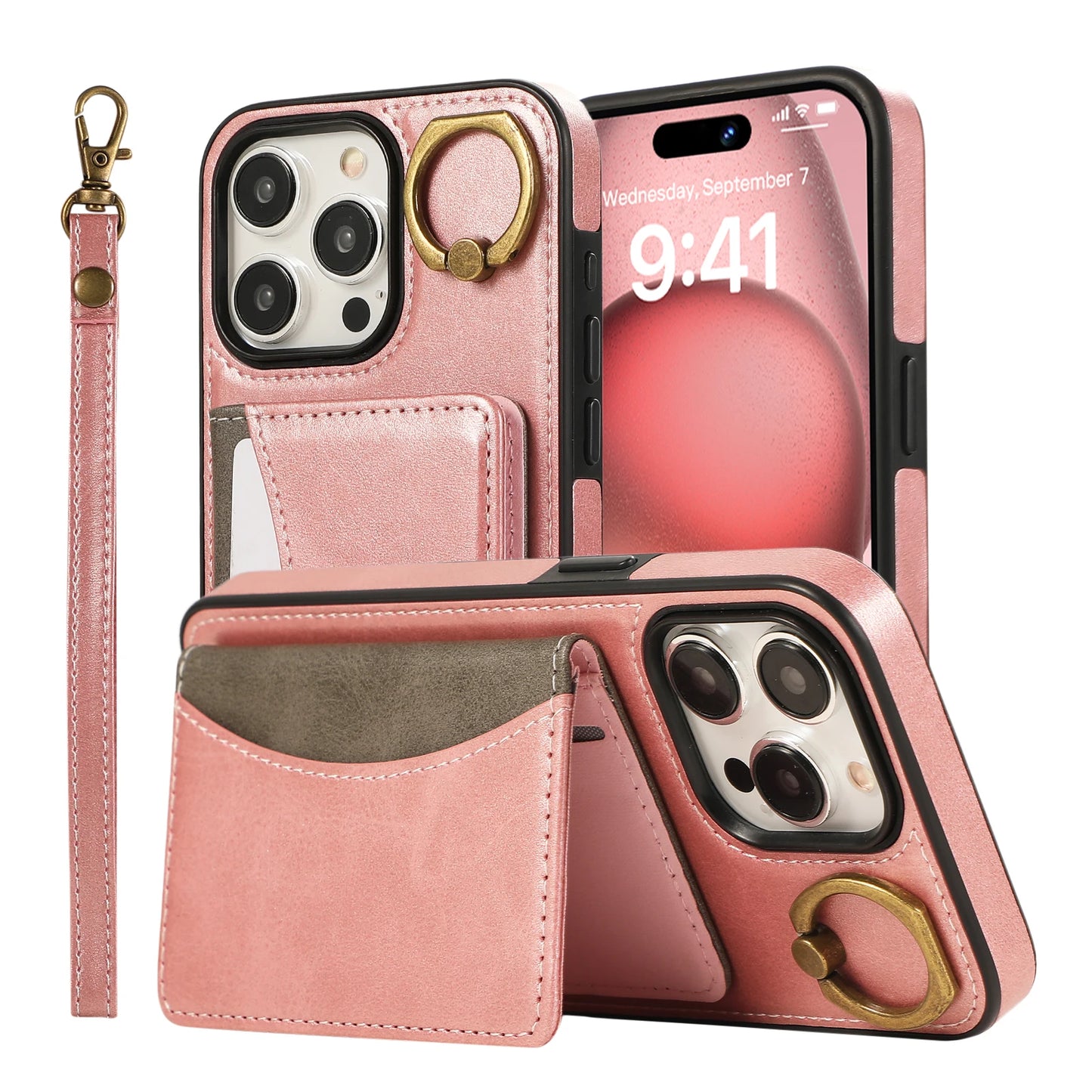 Cards Bag Ring Holder Leather Wallet Case For iPhone 15 Pro Max 14 Plus 13 12 11 XS XR 7 8 SE 2022 Stand Strap Solt Purse Cover