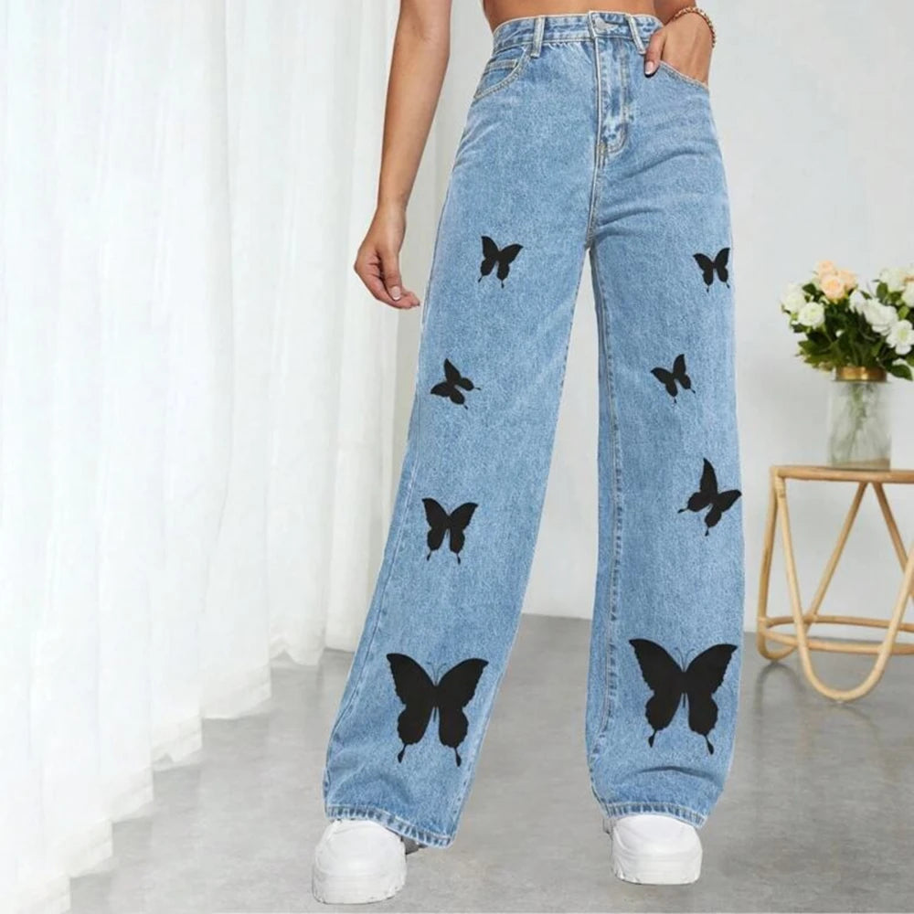 2023 Fall Trousers High Waist Butterfly Print Y2K Jeans For Women Fashion Loose Denim Straight Leg Pants Casual Clothing XS-L