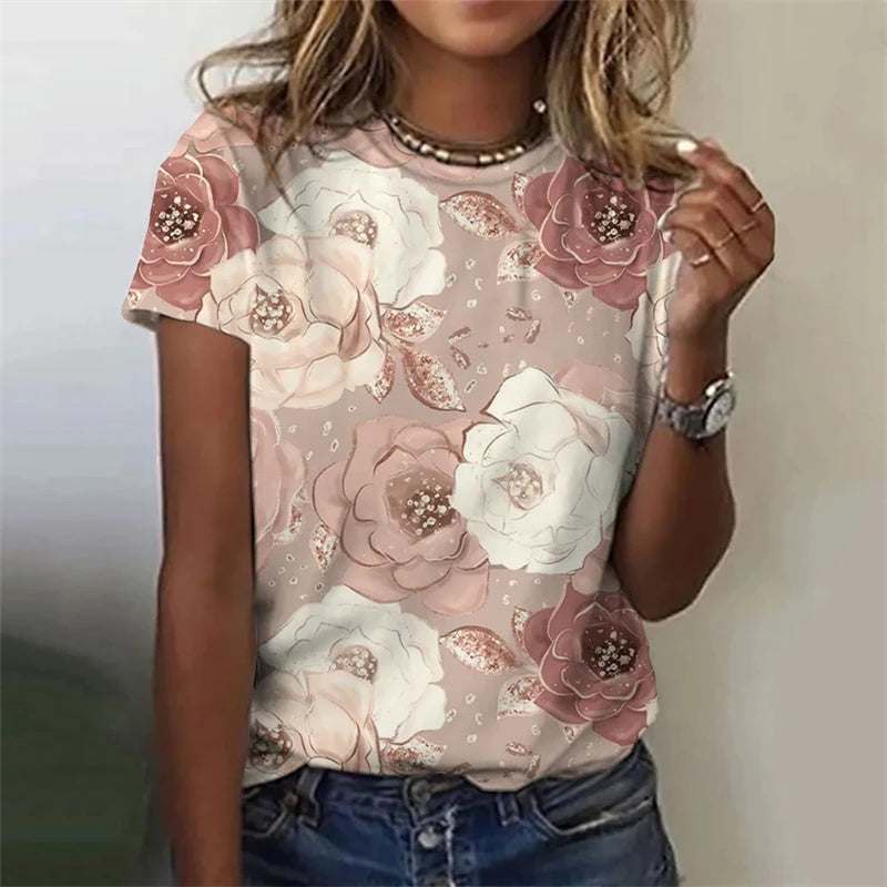 Women's T-Shirts Summer Fashion 3d Flowers Print Short Sleeve Top Female Clothing Oversized Tees Harajuku Graphic T Shirts