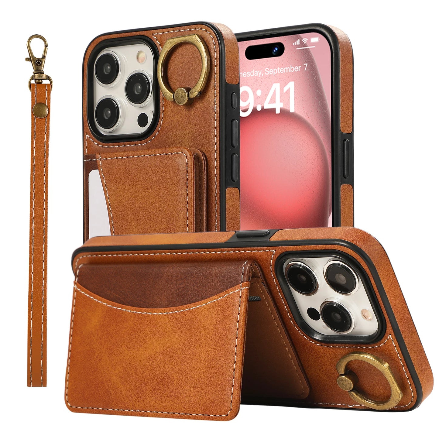 Cards Bag Ring Holder Leather Wallet Case For iPhone 15 Pro Max 14 Plus 13 12 11 XS XR 7 8 SE 2022 Stand Strap Solt Purse Cover