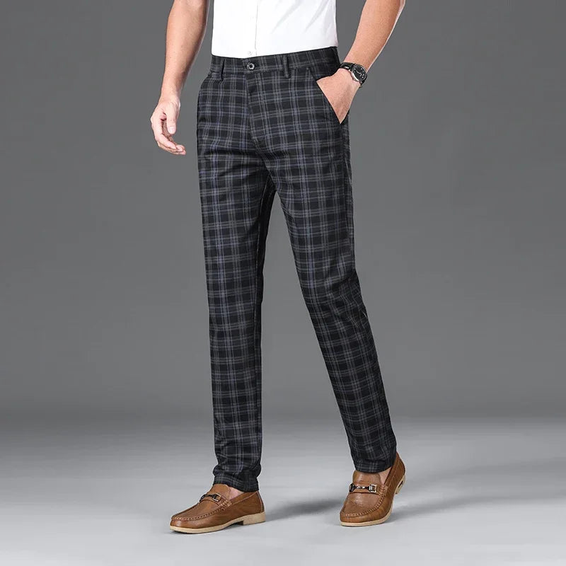 2024 Summer Classic Simple Straight Casual Pants for Men Personalized Checkered Versatile Stretch Business Casual Slim Trousers