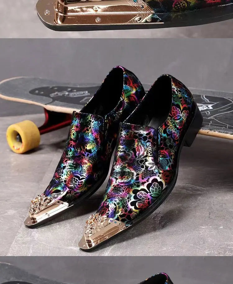 Spring Autumn Pointed end Gold ornaments Shoes and Hats Stamp Cowhide Shoes Rivet Marry Walk Show Nightclub Men's Shoes