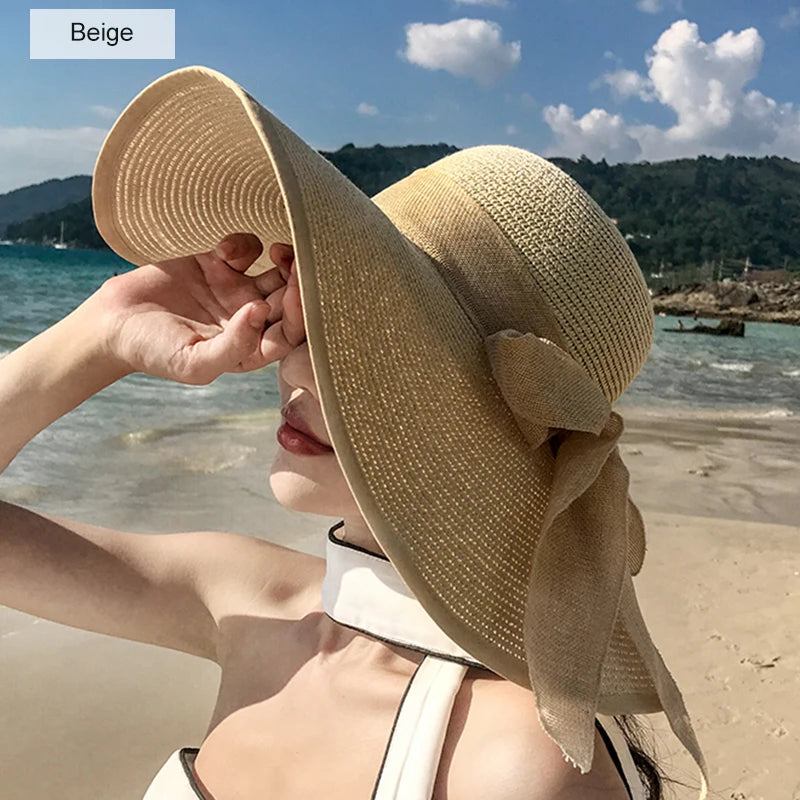 Summer Women Straw Hat Bowknot Wide Brim Floppy Panama Hats Female Lady Outdoor Foldable Beach Sun Cap